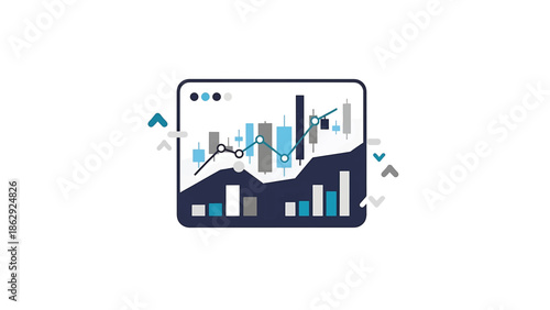 A stylized illustration features a digital display showing financial data represented by colored bars and lines, depicting market trends