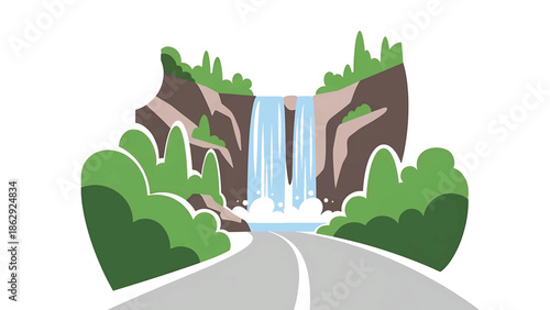 A stylized illustration features a road leading toward a waterfall cascading between cliffs, surrounded by lush green foliage