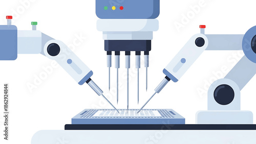 A stylized illustration features a robotic arm operating on a grid-like surface. Needles descend from above. Additional arms flank the central mechanism