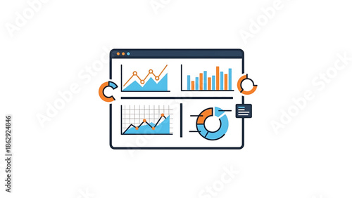 A stylized illustration features a digital display with four data visualizations including line charts, bar graphs, and pie charts