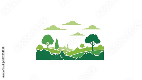 A stylized illustration features a rolling green landscape under a cloudy sky. Trees and foliage accent the simple design