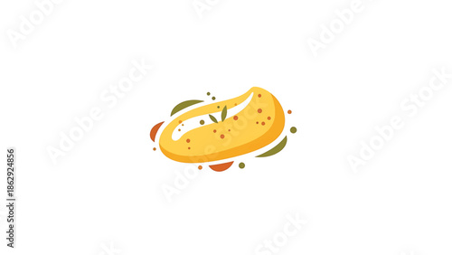 A stylized illustration features a rounded, golden-yellow object adorned with tiny reddish-brown spots. Surrounding it are green and orange shapes