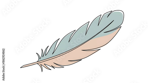 A stylized illustration features a feather in shades of blue and peach against a white background, creating a minimalist aesthetic