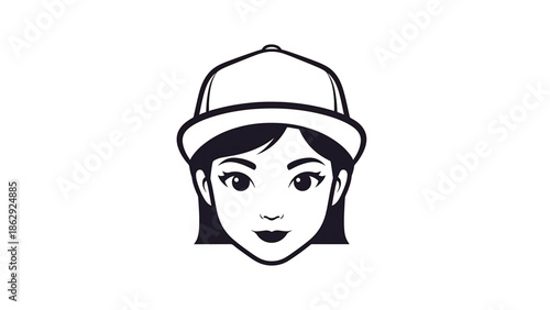 A stylized illustration features a feminine face wearing a baseball cap, rendered in black and white with simple lines. The portrait is centered
