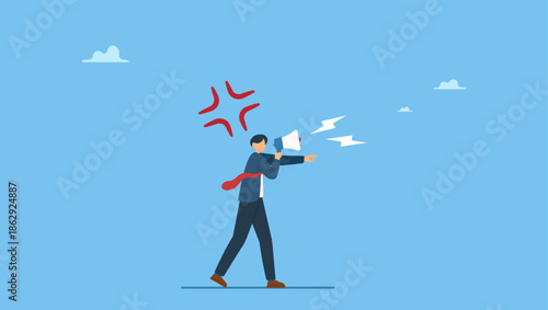 Businessman shouting on megaphone and pointing finger. Manager authority, work order or command to control employee, boss or government power to domination causing trouble.