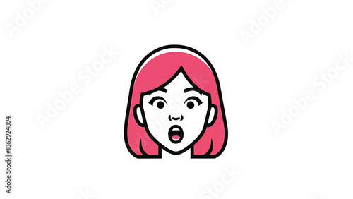 A stylized illustration features a face expressing surprise. Pink hair frames a wide-eyed expression with an open mouth, outlined in black. Simple design