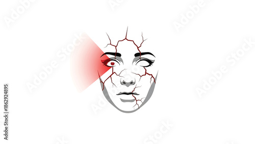 A stylized illustration features a face with a cracked design, one eye glowing red and the other closed, set against a white backdrop
