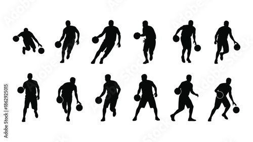 Silhouettes of basketball players in various dynamic action poses with a ball