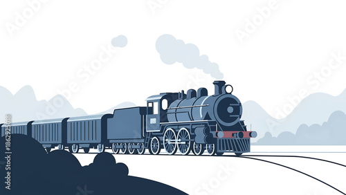 A stylized illustration features a vintage steam-powered rail vehicle traversing a minimalist landscape. A trail of vapor streams