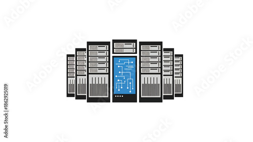 A stylized illustration features a series of data center servers. A central server has a circuit diagram on a blue screen