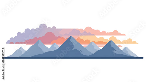 A stylized illustration features a series of layered mountain peaks beneath a colorful sky with shades of pink, purple, and orange clouds