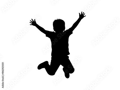 A young child jumping in the air with arms outstretched and legs bent, silhouetted against a plain white background.