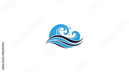 A stylized illustration features a wave, its crest and curl rendered in shades of blue. Below, lines suggest the water's flow. It's on white