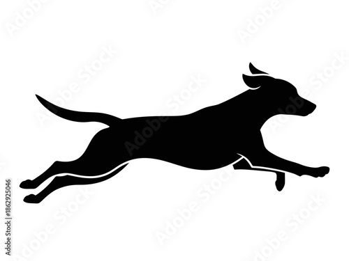 A black dog silhouette running freely in an open space
