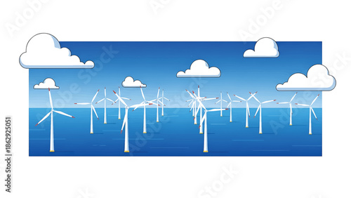 A stylized illustration features a series of offshore wind turbines rising from a textured blue sea. Fluffy clouds drift in the blue sky above