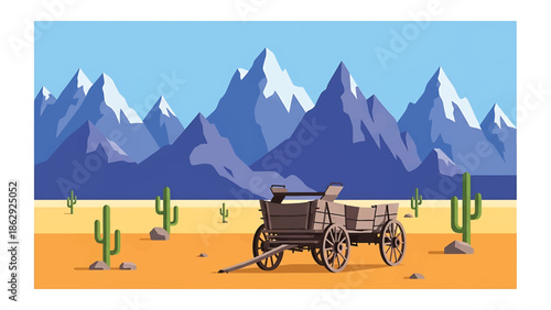 A stylized illustration features a wagon in a desert landscape. Mountains in the background are topped with snow. Cacti and rocks dot the terrain