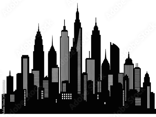 Silhouetted cityscape with prominent skyscrapers and buildings viewed from a distance at dusk