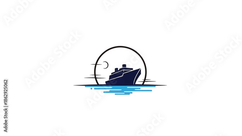 A stylized illustration features a ship with a large hull, set against a circular backdrop suggesting a moon. The vessel floats on abstract water lines