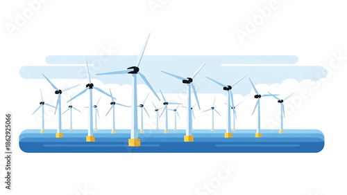 A stylized illustration features a series of wind turbines with rotating blades. They are planted in the sea with clouds above. Blue water and yellow platforms