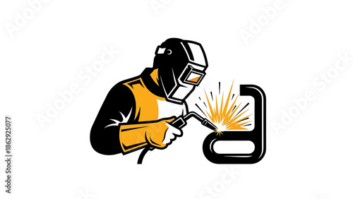 A stylized illustration features a welder with a mask, working on a black, curved object, producing yellow sparks. The design is bold