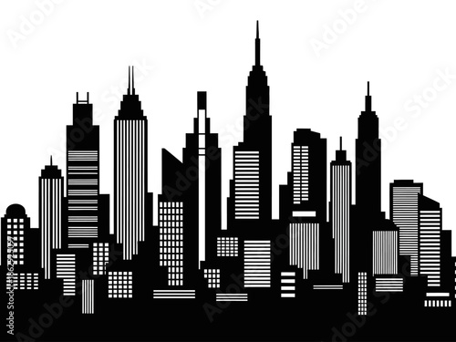 Cityscape illustration featuring skyscrapers and urban landscape viewed from a distance