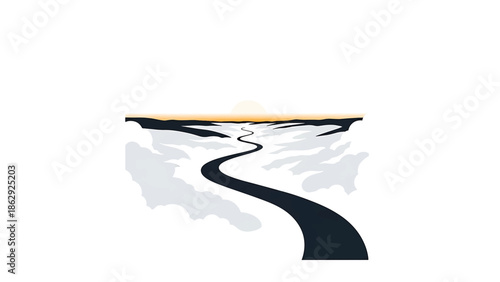 A stylized illustration features a winding road leading towards a soft orange sunset. The road traverses abstract cloud formations. Minimalist and artistic