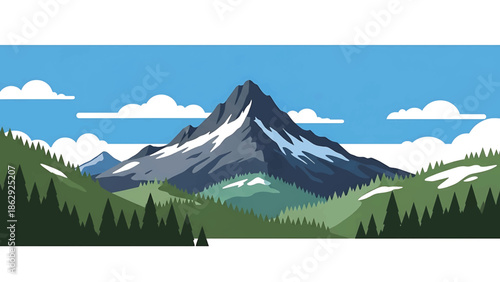 A stylized illustration features a mountain range with a prominent peak, clouds, and evergreen trees. The scene has snow and green foliage