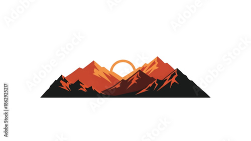 A stylized illustration features a mountain range with peaks of varying heights. A circular sun sets behind the center peaks, creating a warm, vibrant color scheme