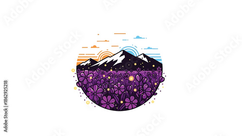 A stylized illustration features a mountain range with snow-capped peaks above a field of purple flowers within a circle, and sunset