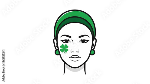 A stylized illustration features a woman with a four-leaf clover on her cheek, green headband and earrings. Black outline