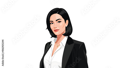 A stylized illustration features a woman in business attire. She wears a black blazer and white shirt, a subtle necklace, and short, dark hair