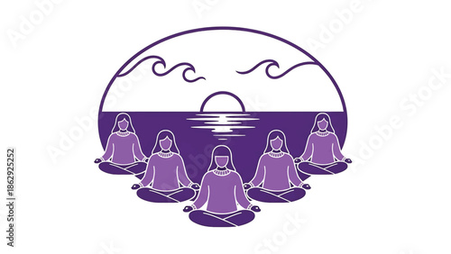 A stylized illustration features five figures meditating in a circle, beneath a sea with waves and a setting sun. The colors used are purple, lavender, and white