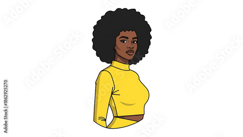 A stylized illustration features a woman with dark skin and a voluminous afro. She wears a yellow top and skirt, with a confident gaze