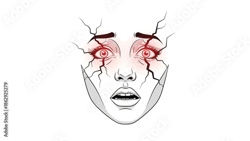 A stylized illustration features a woman's face, with cracks across it, and wide, red eyes expressing shock. The mouth is open