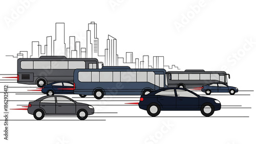 A stylized illustration features moving cars and buses on a road, a skyline providing the background. The vehicles are shown in motion