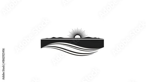 A stylized monochrome illustration depicts a sun rising over a body of water or land, with wavy lines beneath. The elements form a graphic logo