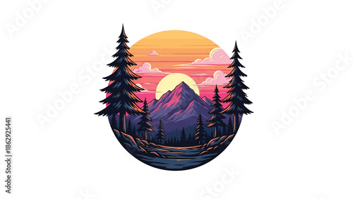A stylized illustration features mountains, pine trees, and a sunset within a circular frame, evoking a sense of peaceful nature and adventure
