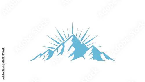 A stylized mountain range illustration features peaks silhouetted in a light blue hue against a white background, sunburst behind the highest peak