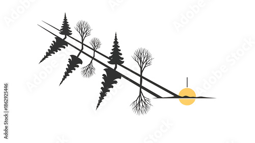 A stylized minimalist illustration depicts trees and a sun. Black, silhouetted trees with detailed branches. A yellow sun rises or sets. Clean composition