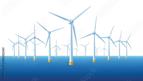 A stylized illustration features numerous wind turbines with rotating blades, positioned offshore within a body of water. The turbines stand atop yellow platforms