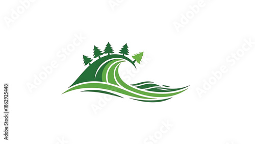 A stylized nature graphic featuring a green wave cresting, topped with a small hill and evergreen trees, all on a white background