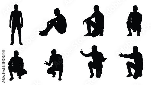 Silhouettes of men in various poses standing sitting and crouching positions