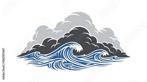 A stylized illustration features ocean waves crashing beneath a stormy sky. The clouds and waves are detailed and intricately designed