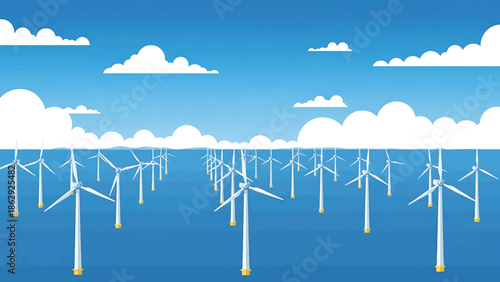 A stylized illustration features numerous wind turbines offshore, under a textured blue sky with fluffy white clouds, representing renewable energy