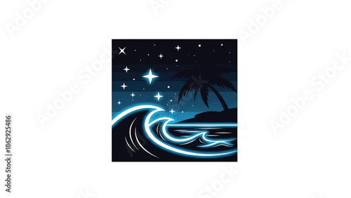 A stylized illustration features ocean waves with a glowing outline under a starry night sky. A silhouette of a palm tree and land is seen