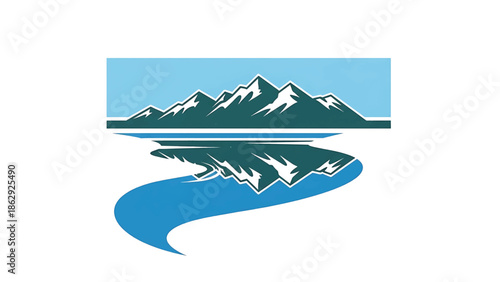A stylized nature scene depicts mountains reflected in a river, beneath a blue sky. The mountains are green, white-capped. The river is blue