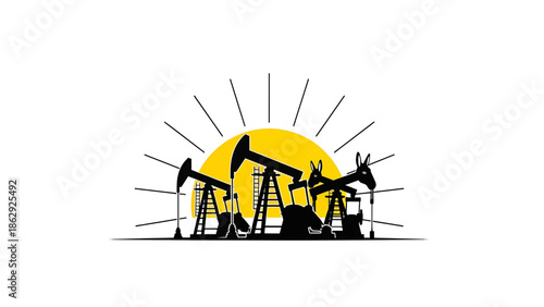 A stylized illustration features oil derricks replacing their tops with donkey silhouettes, with a yellow sun in the background. Rays extend