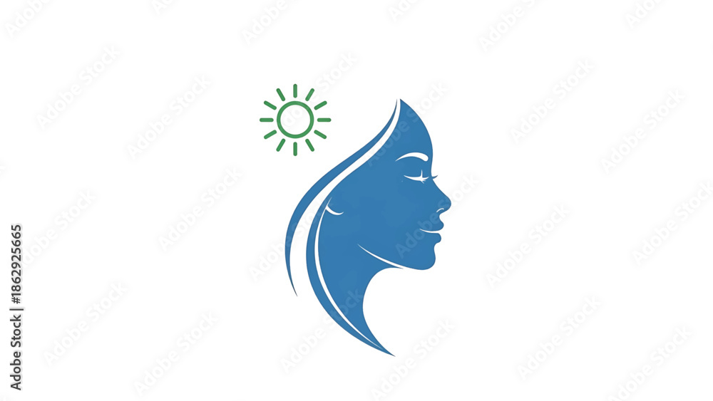 Obraz premium A stylized profile of a woman's face, rendered in blue with flowing hair, accompanied by a small green sun icon, set against a white background