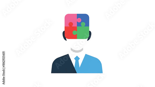 A stylized person with a square head made of jigsaw puzzle pieces, suggesting integration and the human mind. The torso has a shirt and tie