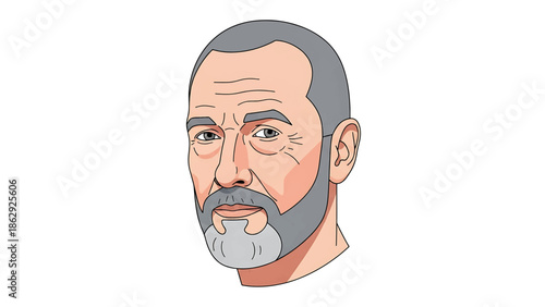 A stylized illustration of a mature man's head and shoulders. The image features a light skin tone, gray hair and beard. The illustration has bold outlines